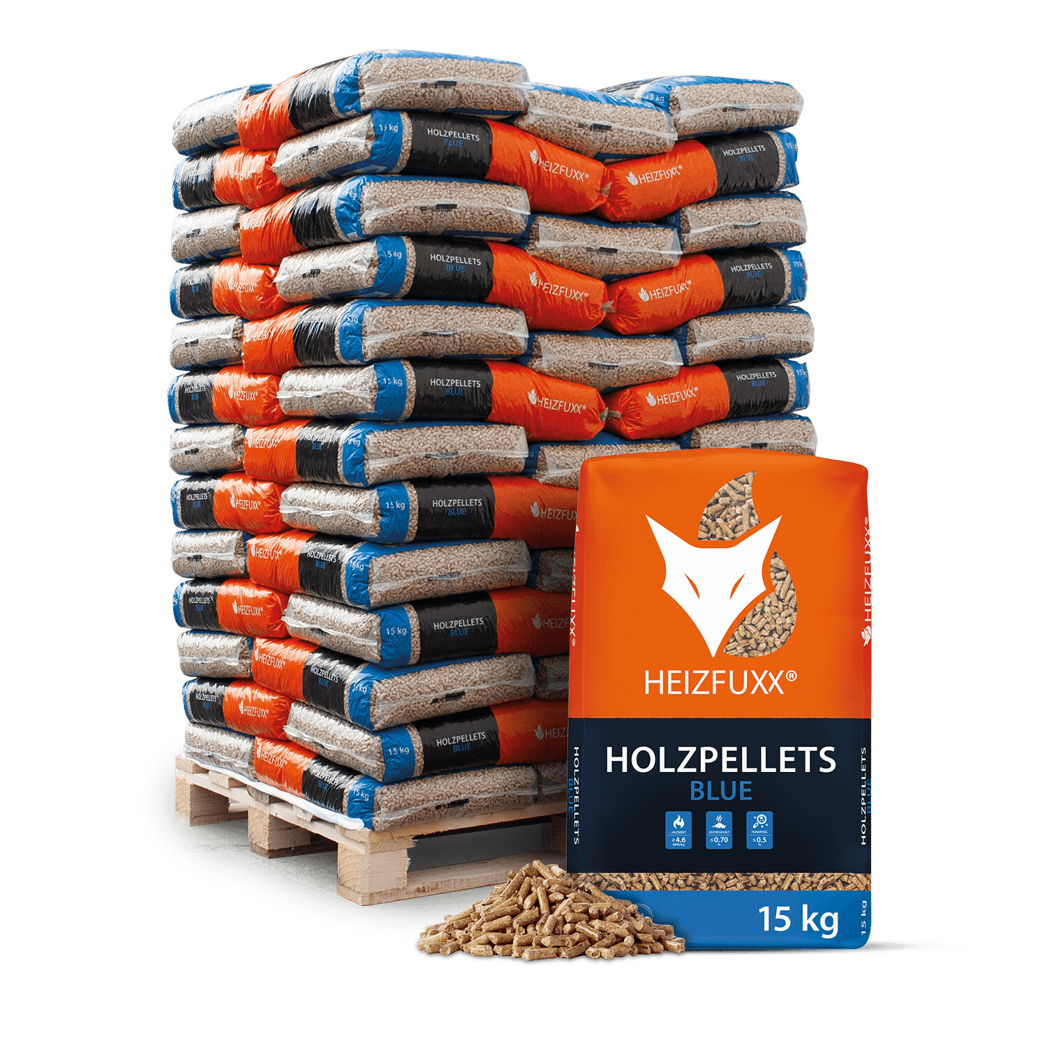 Heizfuxx Holzpellets Blue 65 x 15 kg Palette (975 kg) – ENplus A1 Premium Pellets